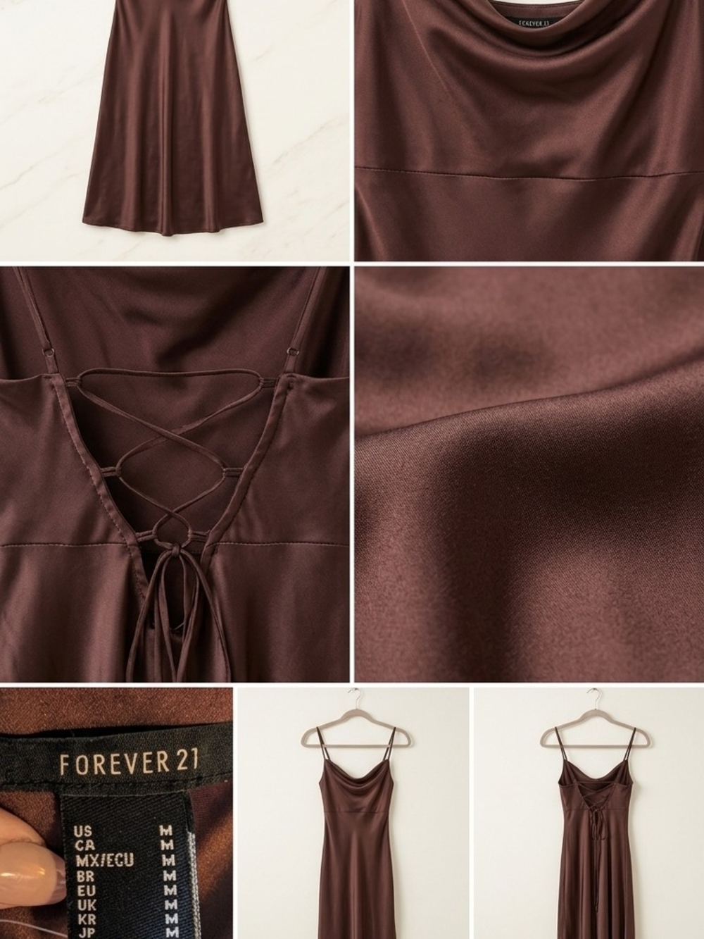 Forever 21 Brown Satin Cowl Neck Slip Dress with Lace-Up Back